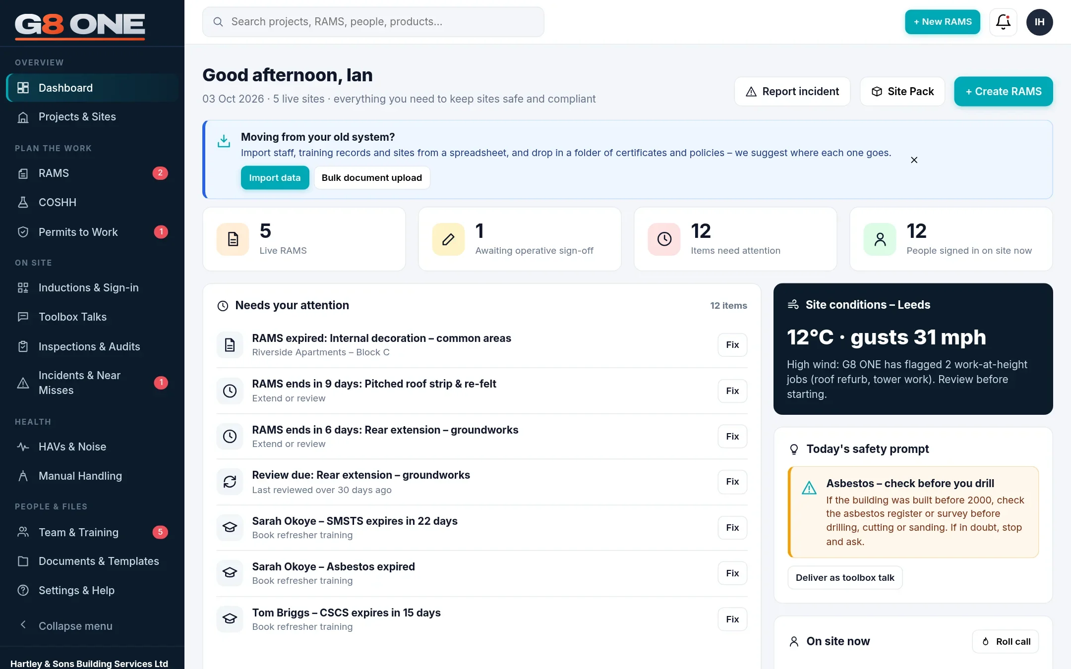 G8 ONE dashboard showing live RAMS, items needing attention and people on site