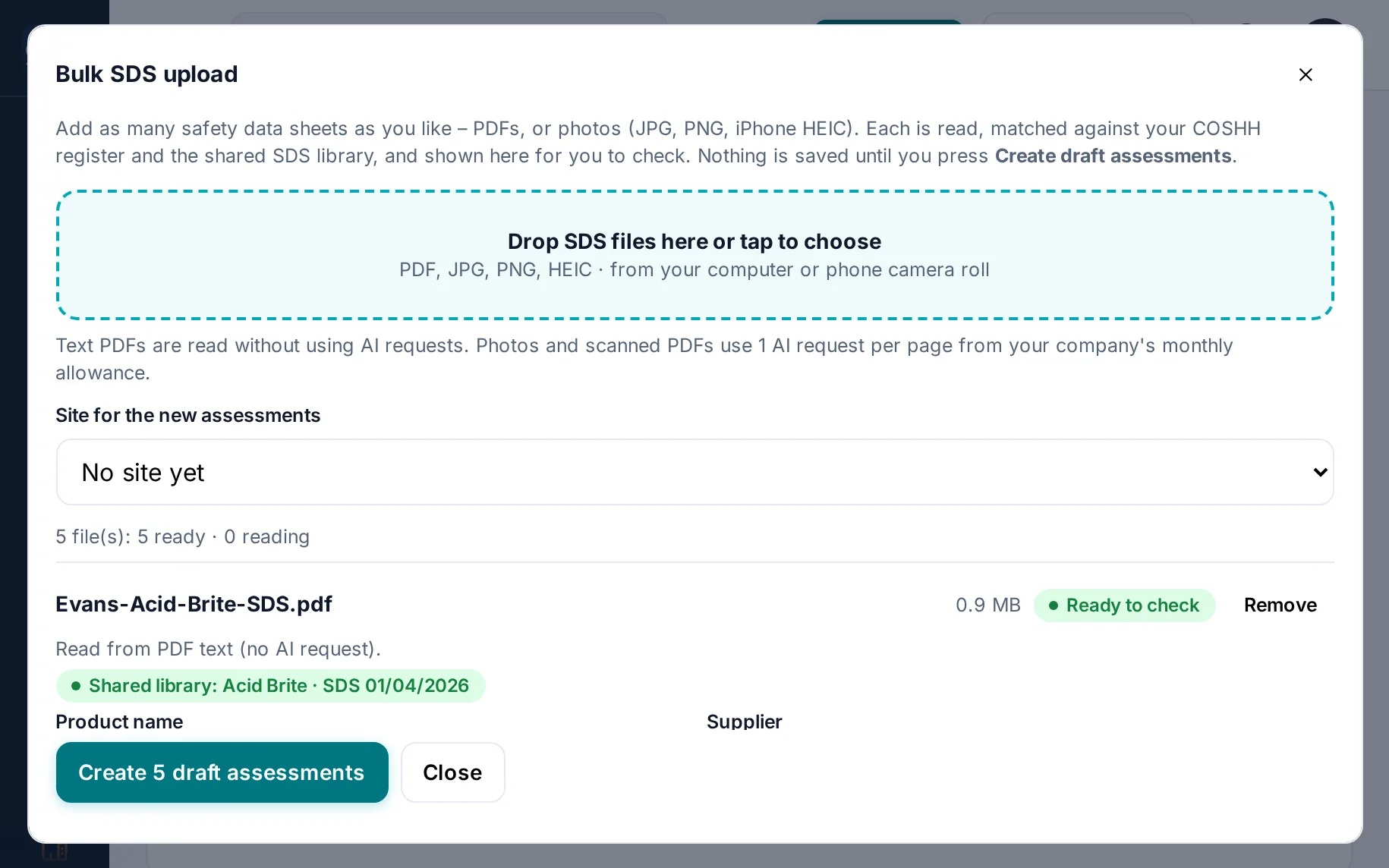 Bulk SDS upload: five supplier safety data sheets read from their PDFs, matched to the shared SDS library and ready to check