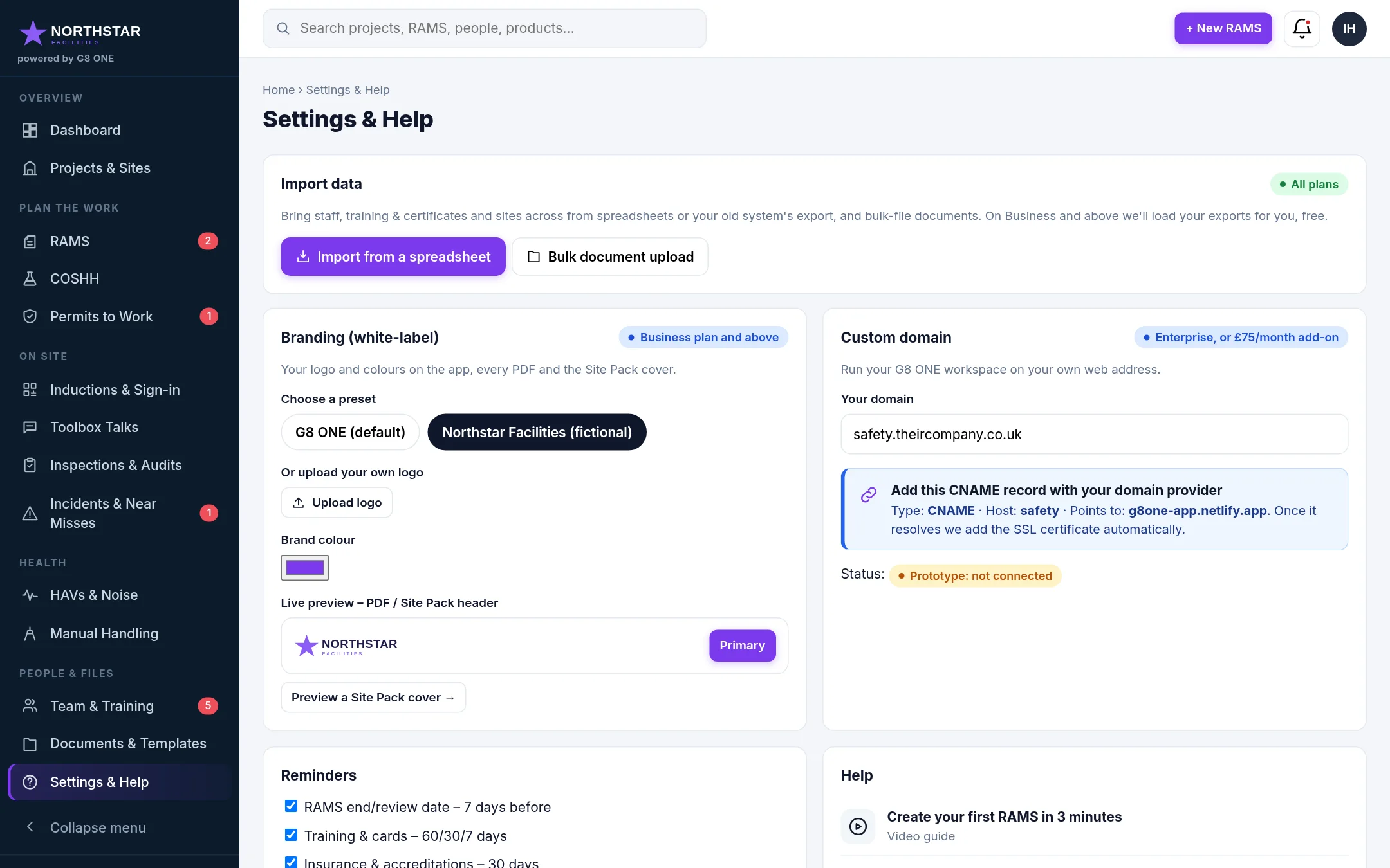 Branding settings with a custom logo, colour and custom domain