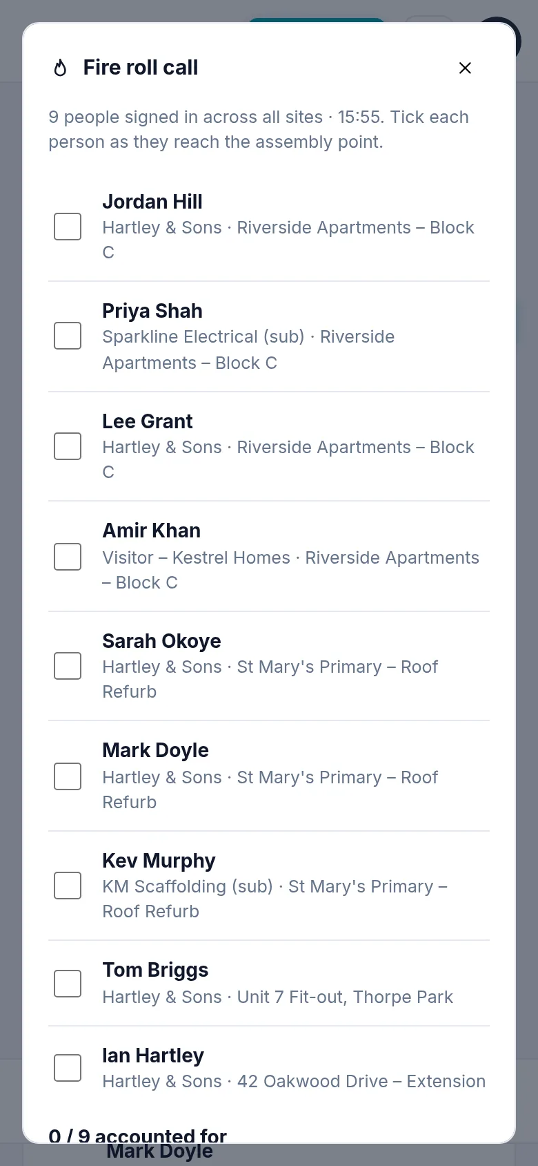 Fire roll call listing everyone signed in on site