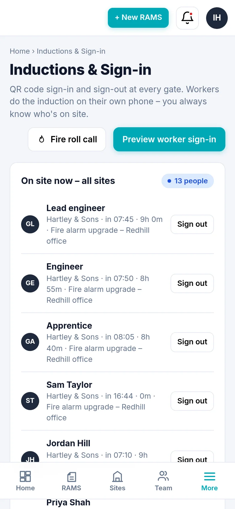 On site now list with sign out on behalf